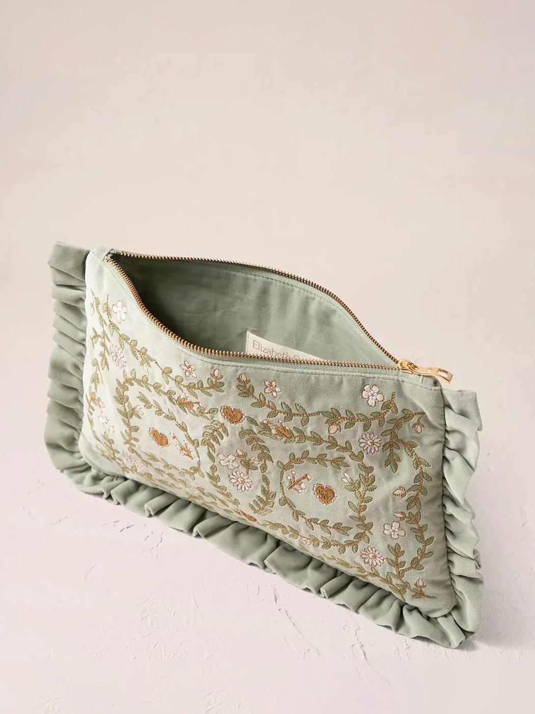 Elizabeth Scarlett Velvet Frill Everyday Pouch - Sage Mediterranean Garden
