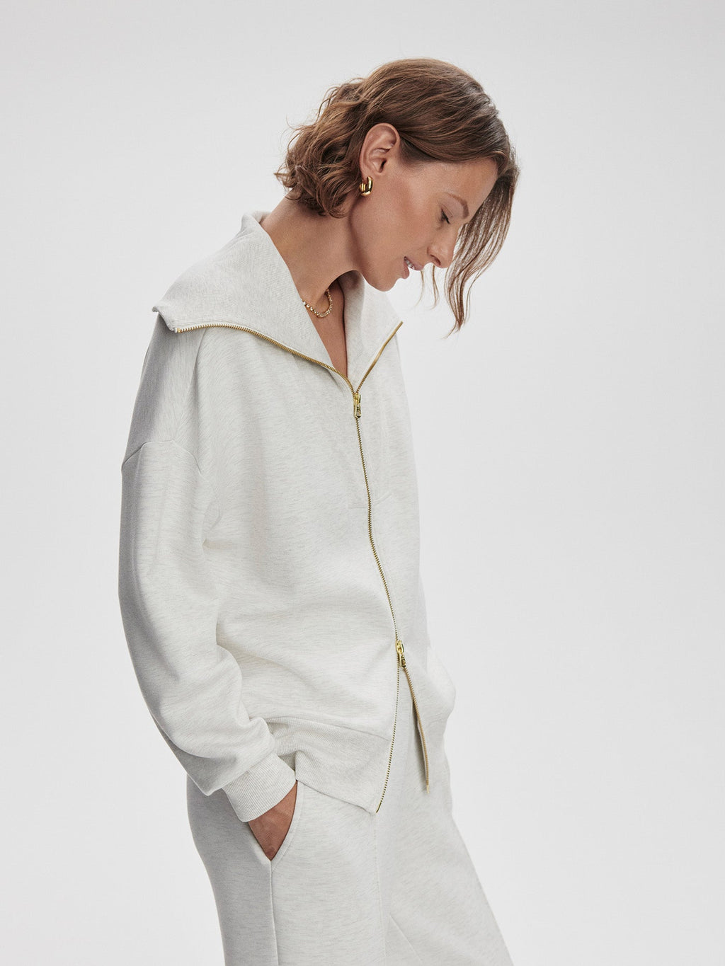 Varley Halley Zip Through Sweat - Ivory Marl