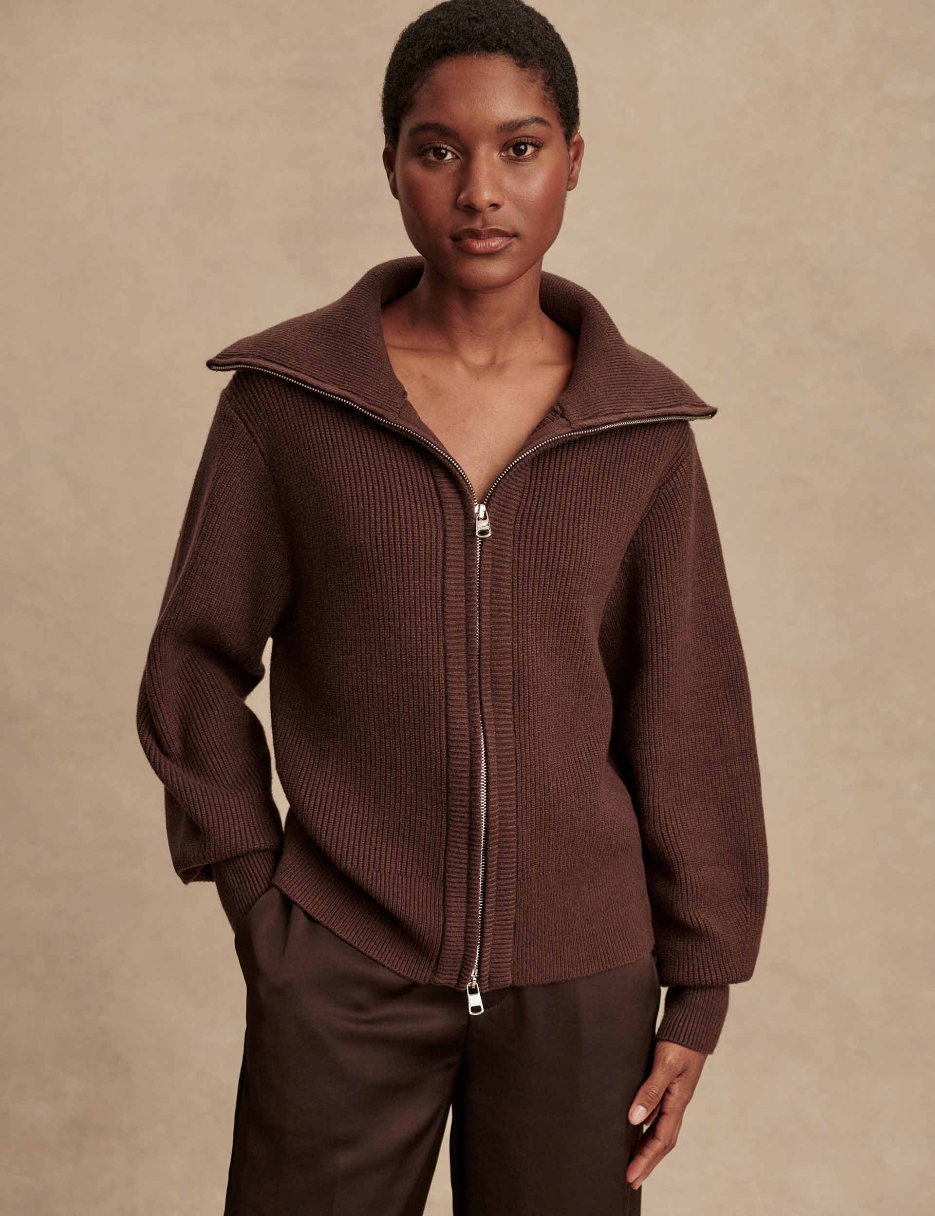Varley Enrico Zip-Through Knit Jacket - Coffee Bean