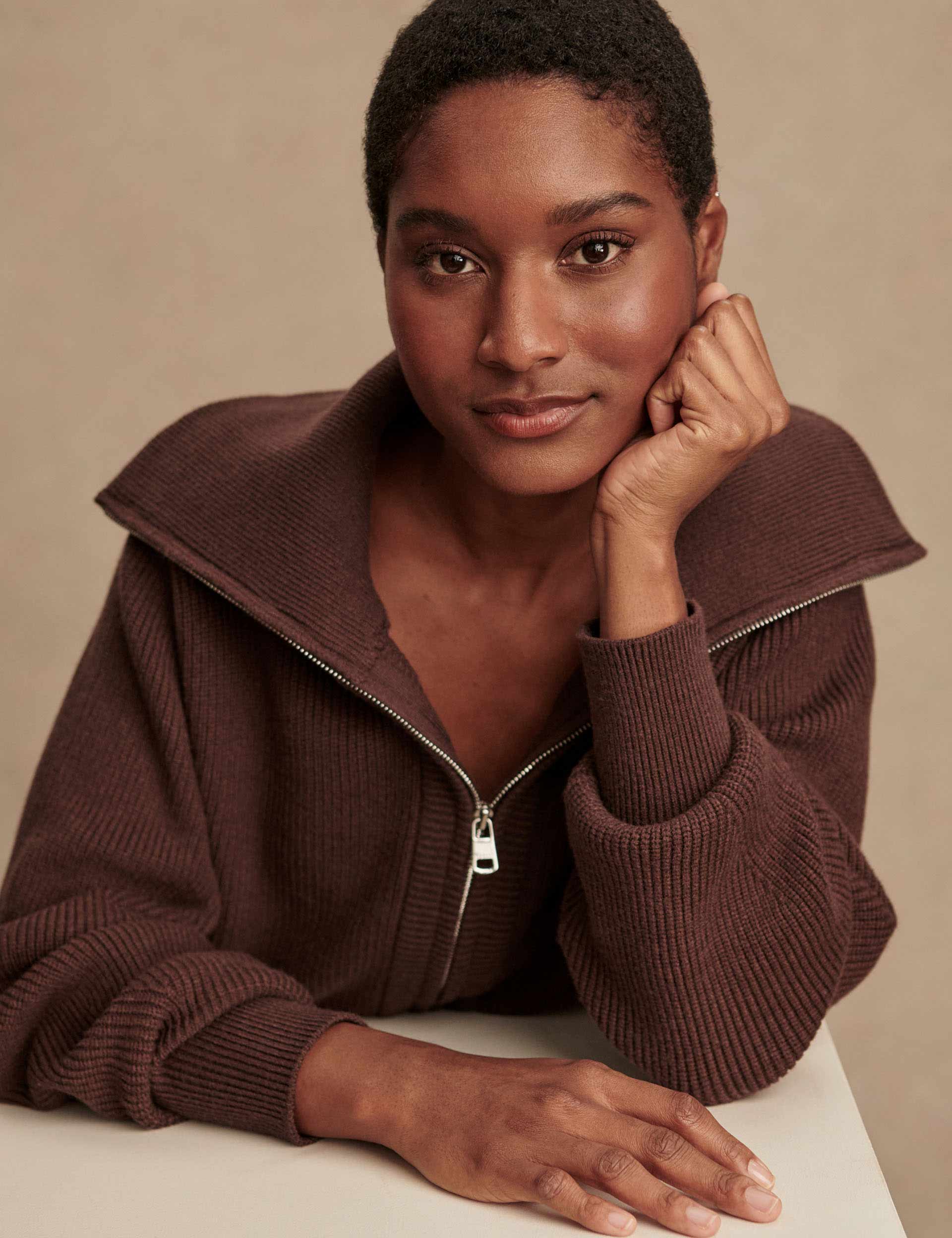 Varley Enrico Zip-Through Knit Jacket - Coffee Bean